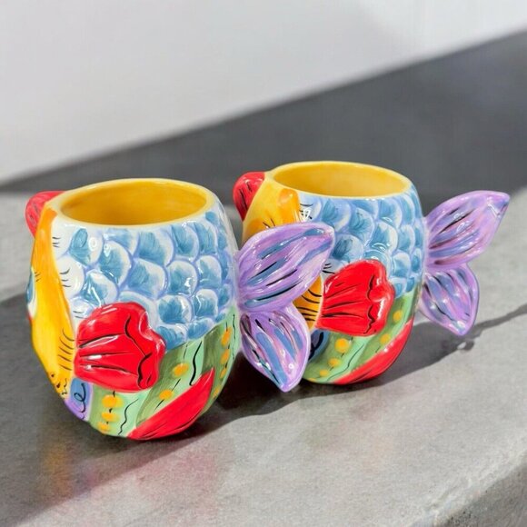 Tabletops Unlimited Dario Farrucci Vissen Fish Large Coffee Mug Cup Ceramic Set2 - Picture 7 of 16